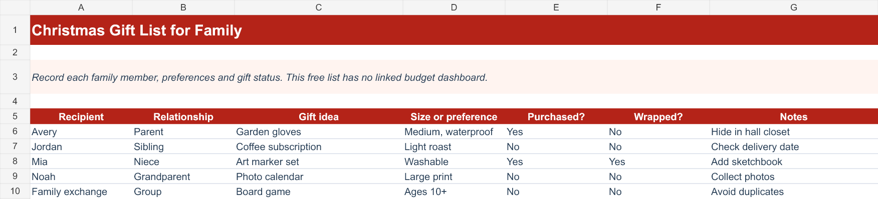 Actual rendered Christmas Gift List for Family XLSX
