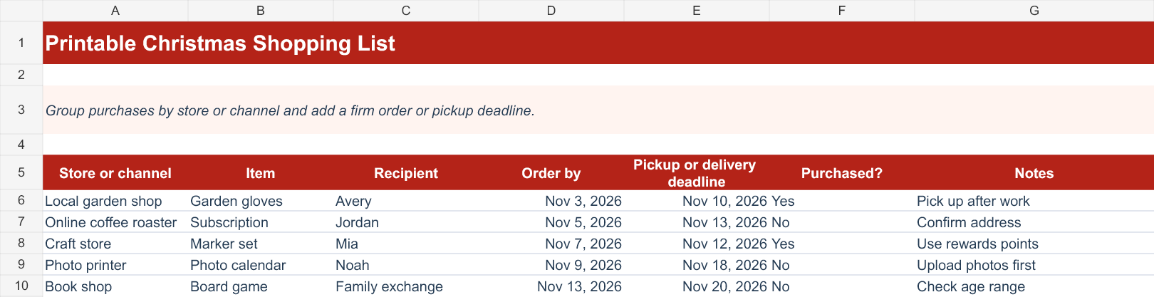 Actual rendered Printable Christmas Shopping List XLSX