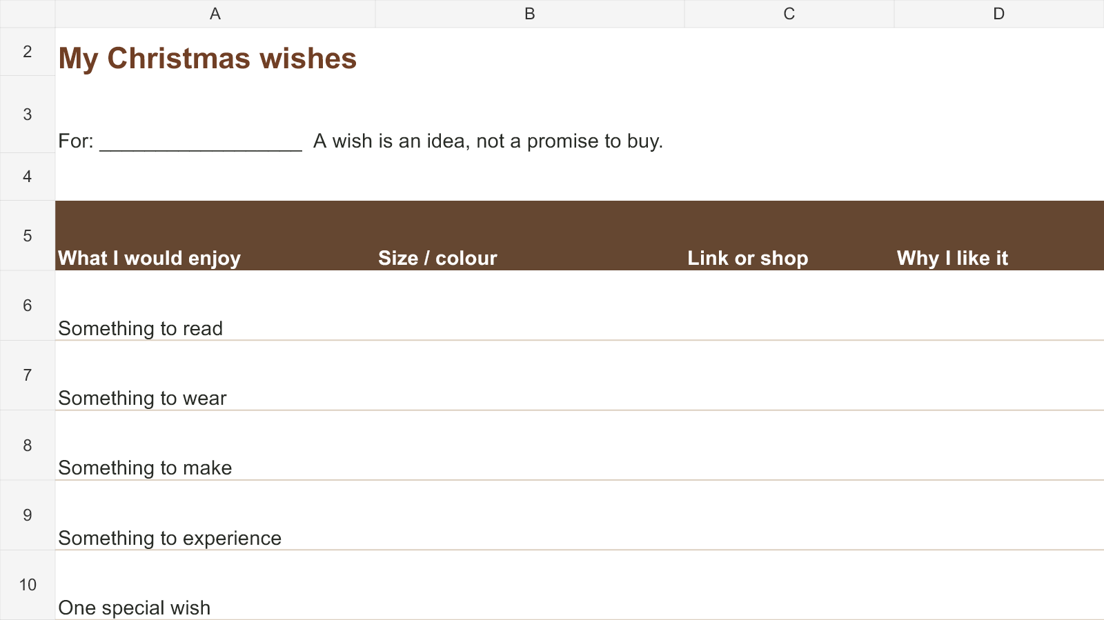 Actual contents of the free My Christmas wishes workbook