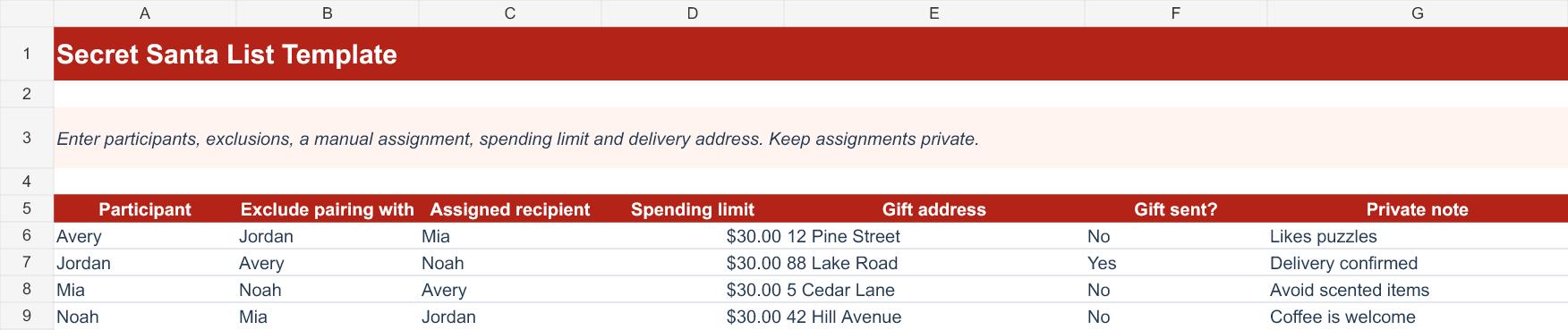 Actual rendered Secret Santa List Template XLSX