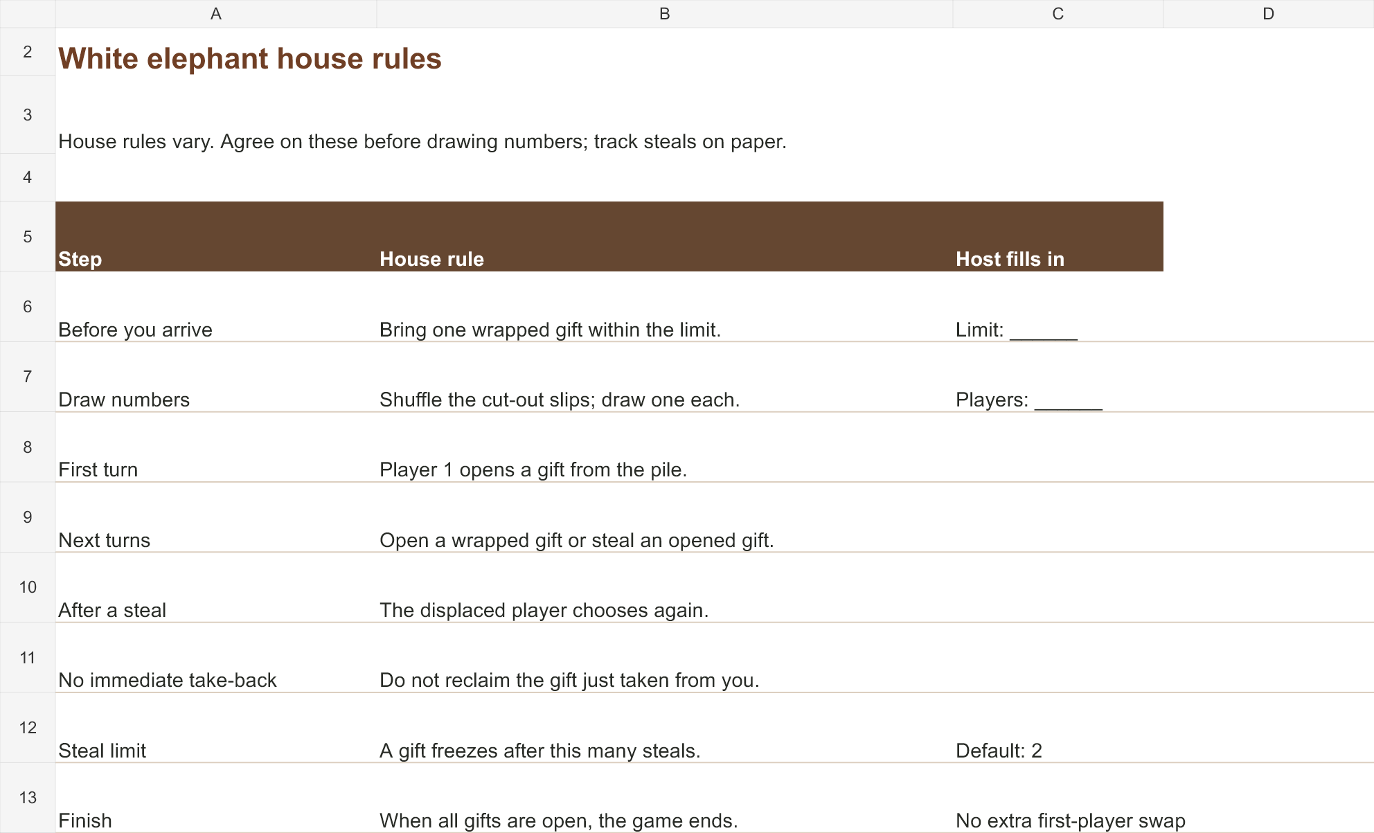 Actual contents of the free White elephant house rules workbook